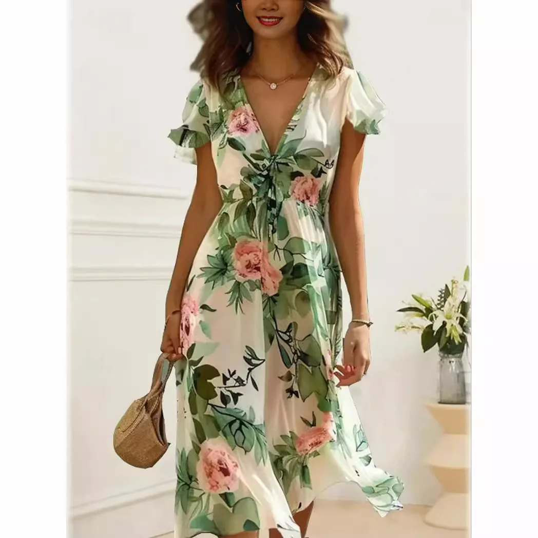 

New Printed Bohemian Women's V-Neck Mid-Length Sleeveless Summer Dress