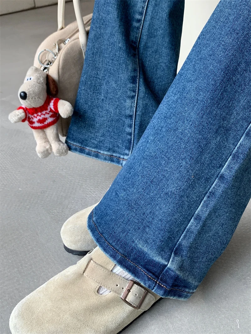 Korean-style vintage flared jeans for women distressed dark blue wash slim fit leg-lengthening high-waisted floor-length pants