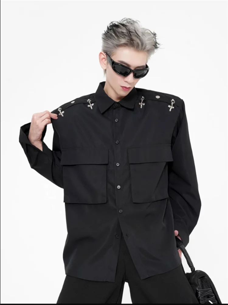 Metal plane buckle decorative design sense men's black trend three-dimensional pocket casual shirt