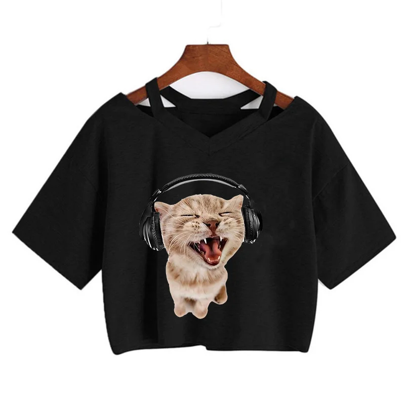 Manga Crop Top Funny Cute Cat T Shirt Women Shirt Cropped Graphic Ulzzang T-shirt 90s Tshirt Top Tee Female Gothic