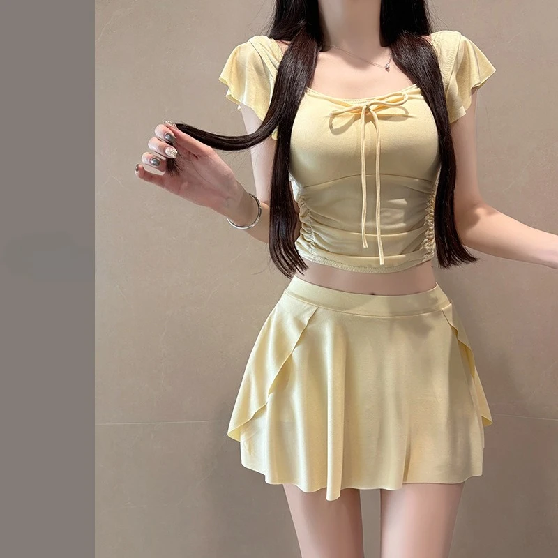

sexy yellow bow wrinkled mini skirt bikinis sets two pieces short sleeve crop tops with mini skirt sweet swimsuits biquini