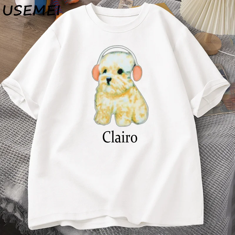 Clairo Dog Puppy Headphones T-Shirt Funny Cute Cat Tee Merch Y2k Men's Clothing Oversized Harajuku Mens Printed Cotton Tee Shirt