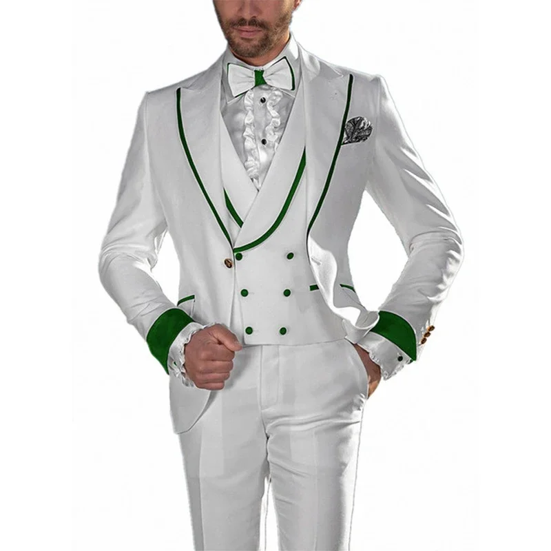 White Wedding Tuxedo For Men Suits With Double Breasted Waistcoat Pants Peak Lapel Blazer 3 Piece Custom Prom Costume