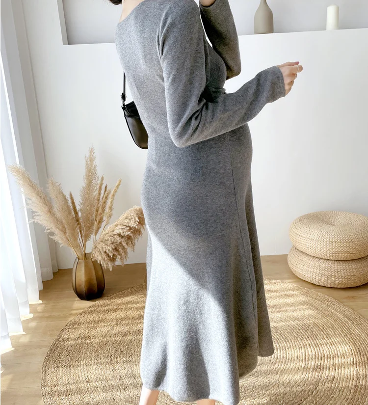 Autumn Winter Korean Fashion Knitted Maternity Long Dress Across V neck A Line Slim Clothes for Pregnant Women Pregnancy