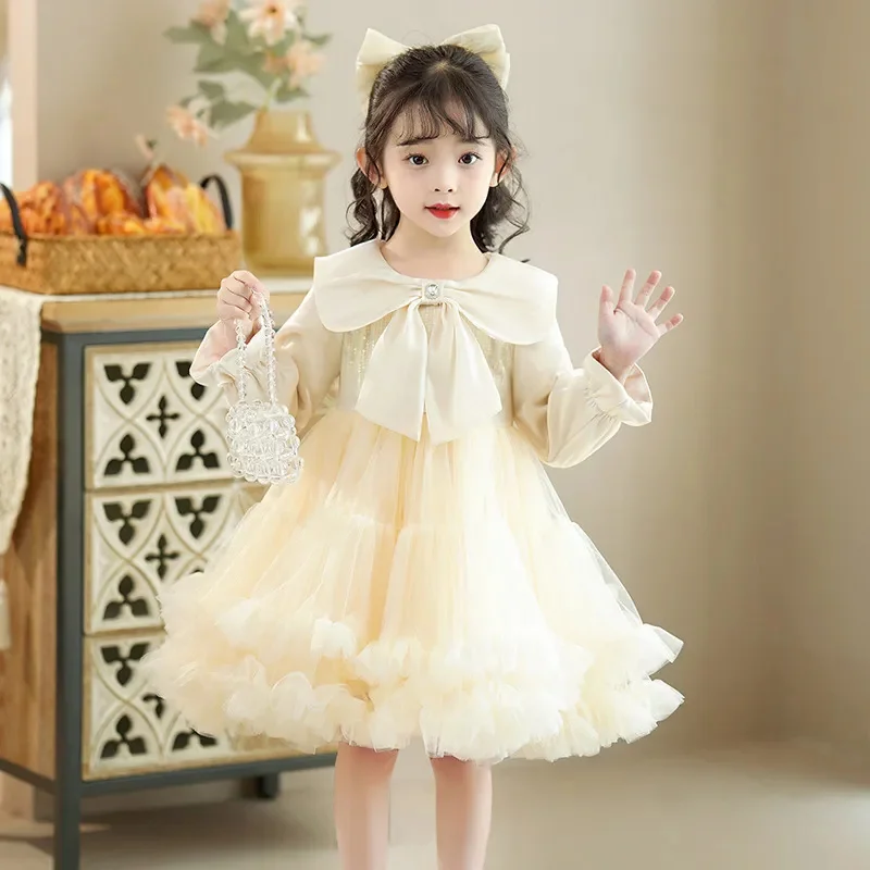 Korean Princess Dress Kids Clothes 2023 New Autumn Spring Long Sleeve Palace Style Dancing Perform Tutu Dresses High Quality