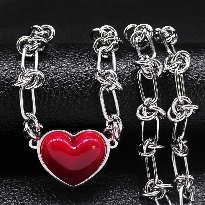 

HNSP Stainless Steel Red Heart Pendant Chain Necklace For Women Girl Neck Jewelry Goth Choker Accessories