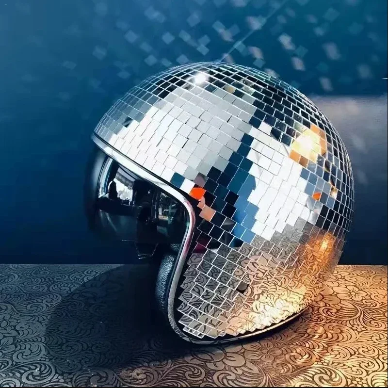 Disco Ball Helmet Mirror Glitter Ball Helmets Hat for Club Bar Party Full Glass Reflective Motorcycle Helmets for Cowboy