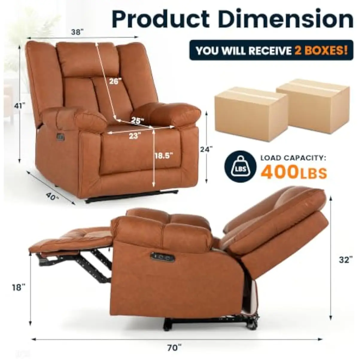 Dual motor power recliner with independent backrest and headrest control, 400 lb capacity, extra wide footrest, USB plus Type-C