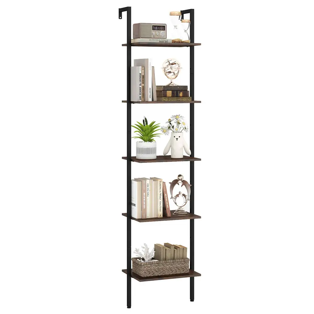 5 Tier Wall Mount Ladder Shelf, Industrial Metal Frame Bookcase With Anti-Tipping Kit And Adjustable Feet, Freestanding Storage Display Rack For Living Room Bedroom Office, Rustic Brown