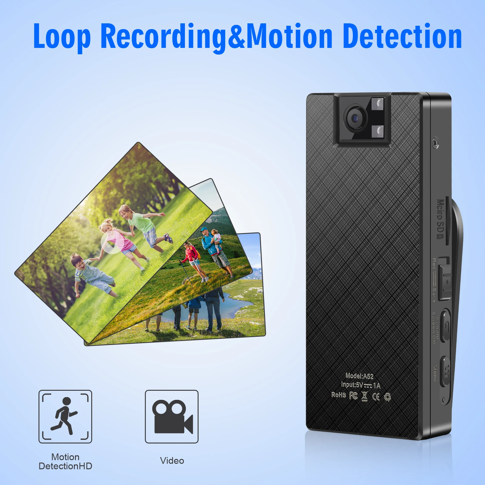 Vandlion A52 Draagbare camera Bewegingsdetectie Type-C OTG 1,3 inch TFT Kleurrijk scherm 1080P HD Opname 1000mAh Sport DVR