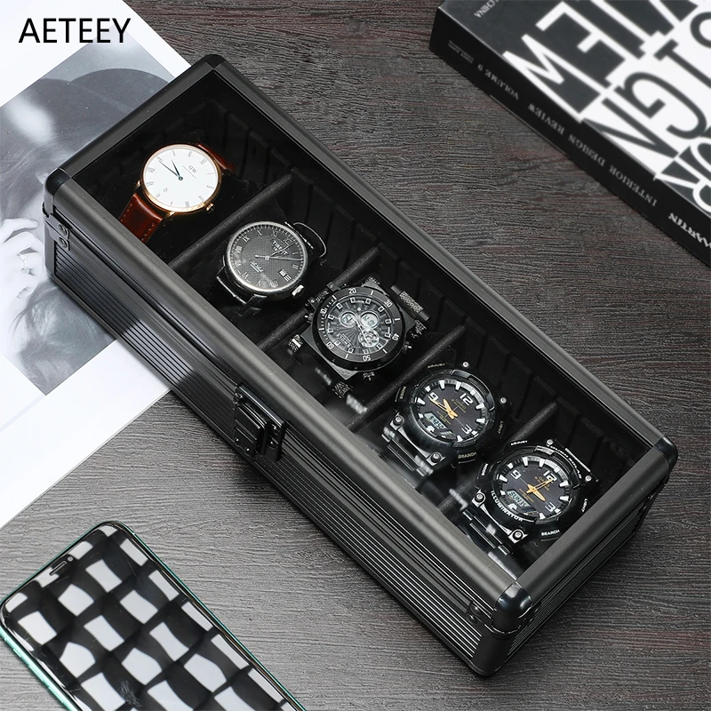 Dumb Black Watch Storage Box 5-position Transparent Glass Cover Jewelry Box Metal Watch Box Flannelette Watch Pillow Display Box