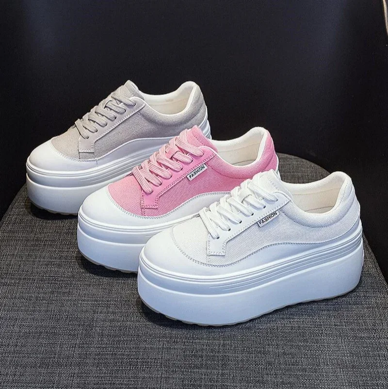 

8cm New Canvas Genuine Leather Women Pink Fashion Sneakers Platform Shoes Wedge Hidden Heel Ladies Summer Mixed Color Vulcanize
