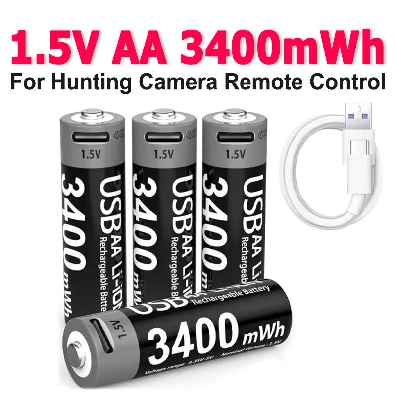 1.5V AA 3400mWh Rechargeable Battery Type-C USB Lithium Batteries for Hunting Camera Remote Control Mouse Door Lock Microphone