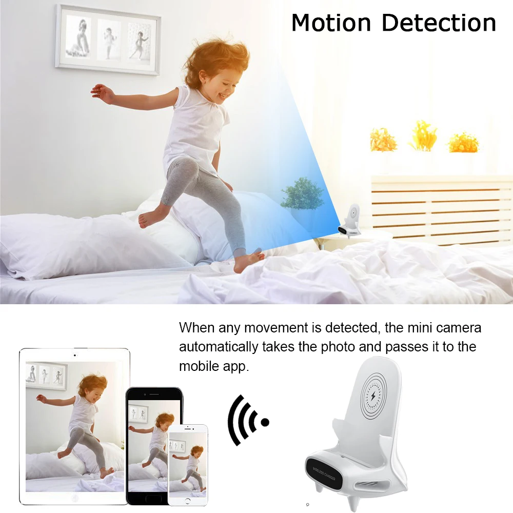 Wireless Charger Mini Camera Bracket Base Full HD 1080P Wireless WiFi Control I Remote View DVR Camera Home Monitoring Monitorin