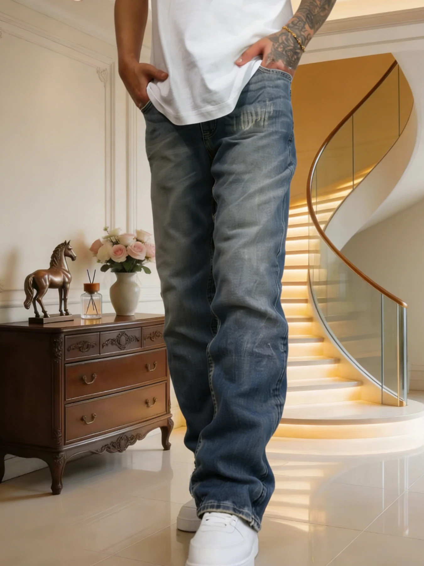 

Мужские джинсы прямого кроя в стиле ретро, синие, с эффектом потертости, свободного кроя для увеличения объема, визуально стройнящие и скрывающие недостатки фигуры.