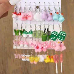 Ensemble de boucles d'oreilles pendantes colorées pour femmes et filles, papillon, cœur, dessin animé, nuages de canard mignons, boucles d'oreilles goutte en résine, accessoires de bijoux pour enfants