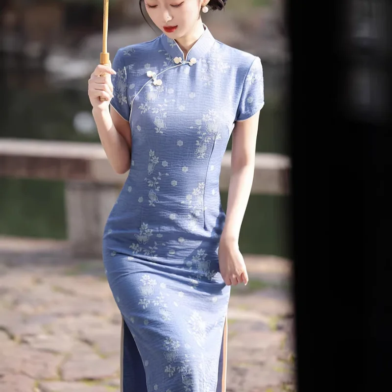 Lady Easten Qipao Print Satin Cheongsam Vintage Button Dress Improve Chinese Skirt Ethnic Mandarin Collar Vestidos Plus Size 3Xl