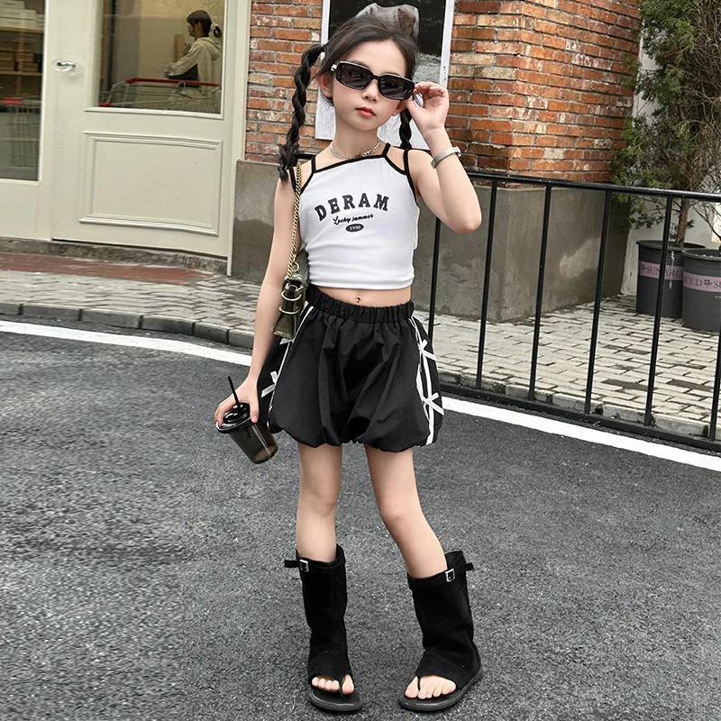 

new big children's fashionable summer bud shorts trendy two-piece set Girls' summer sling vest set White Tank Black Short Pants