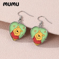 2024 New Winnie the Pooh Dangle Earring Heart Shaped Earrings Handmade Glass Dome Jewelry Gifts Fans