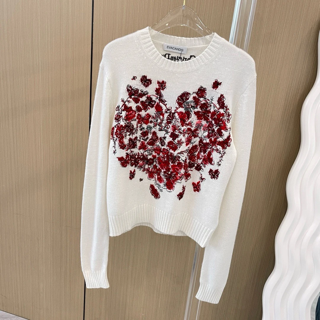 

EVACANDIS 100% Cashmere Women New Butterfly Embroidery O-Neck Long Sleeve Pullover Knitted Tops Elegant Chic Sweet High Quality