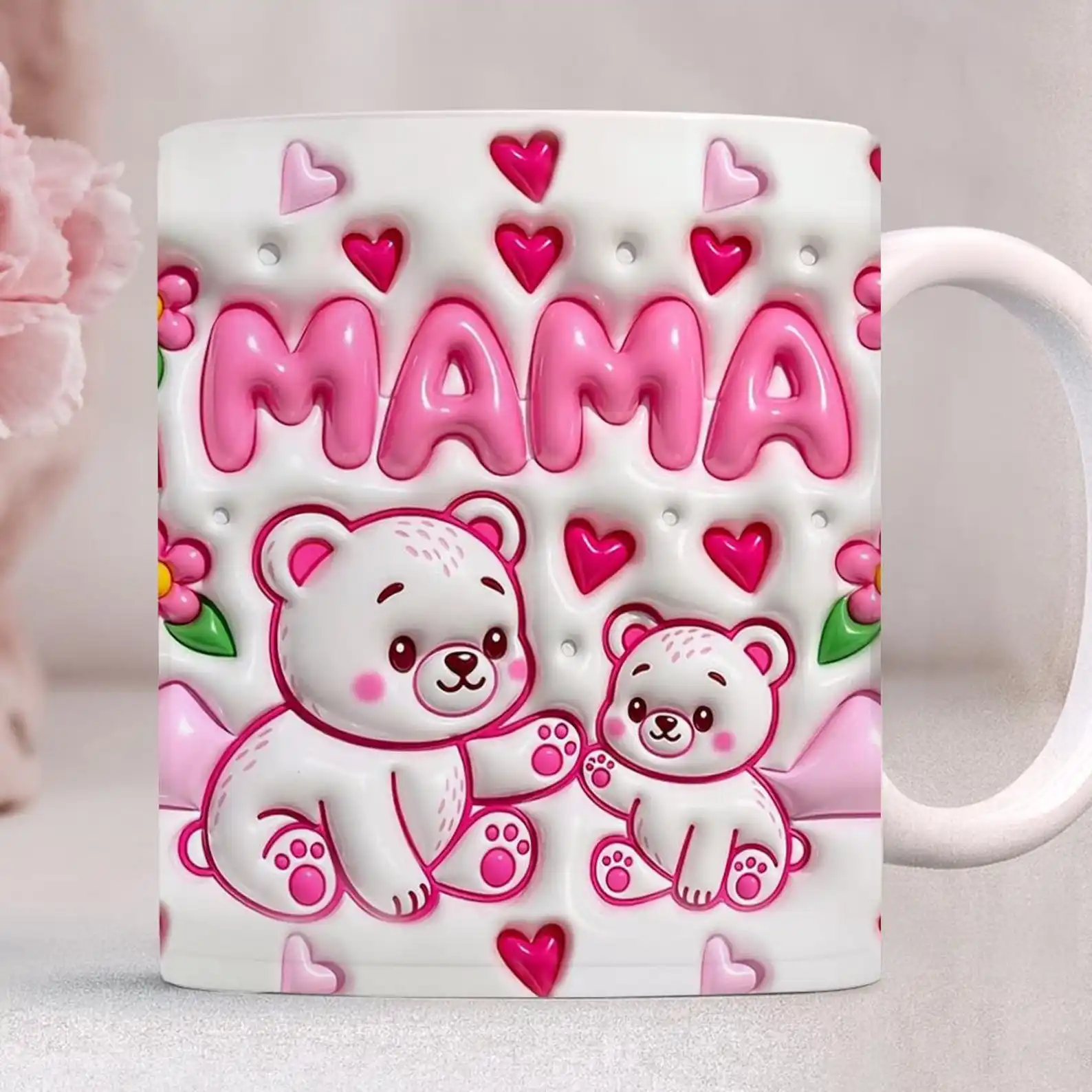 Inflated 3D Floral Mama Bear Mug Wrap PNG 11oz 15oz Mothers Day Sublimation Design Mom Cup Digital Instant Download