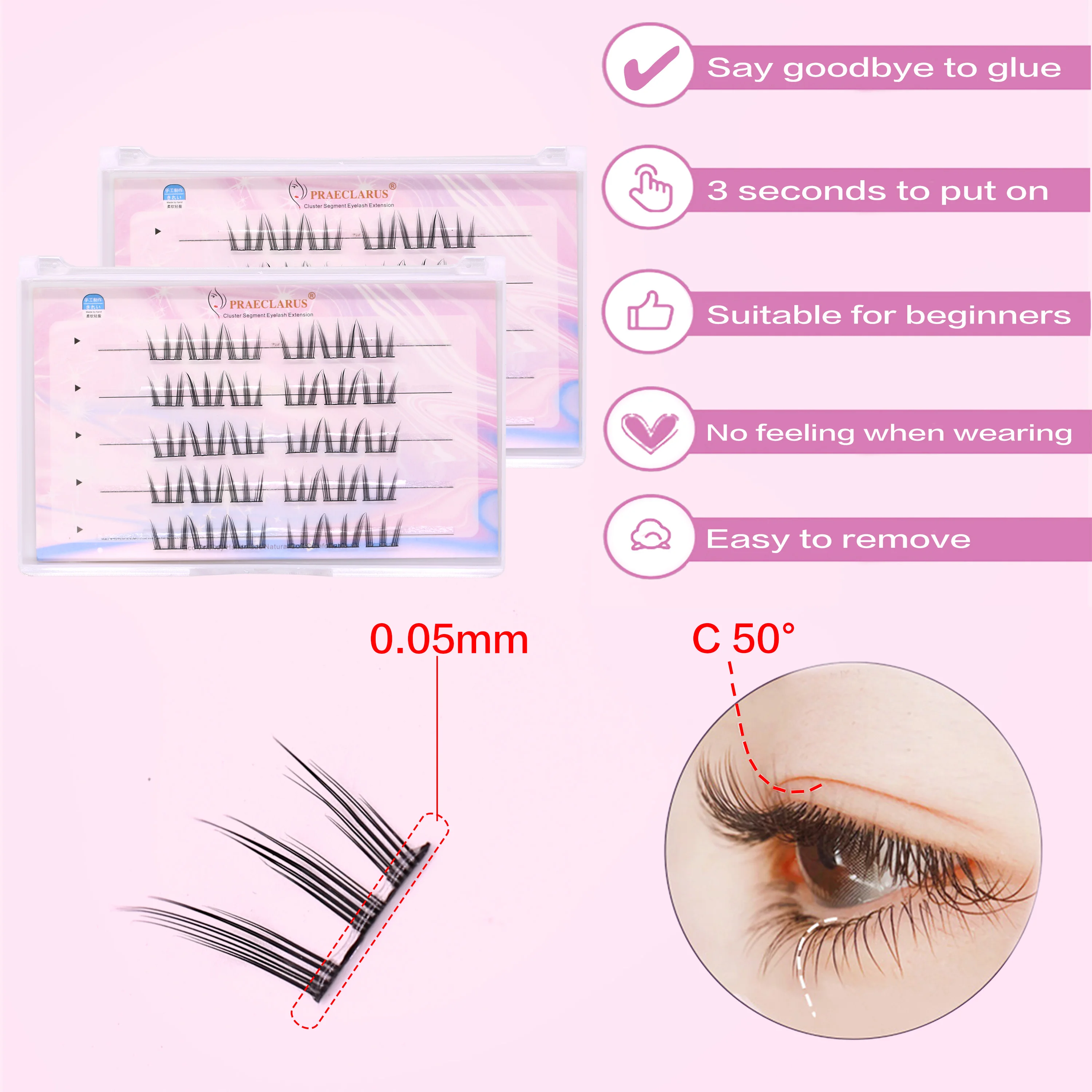 [No Glue Need] PRAECLARUS Cat Eye Glue-free Eyelashes C Curl 12mm Self Adhesive Eyelashes Diy False Eyelashes Natural Eye Lashes