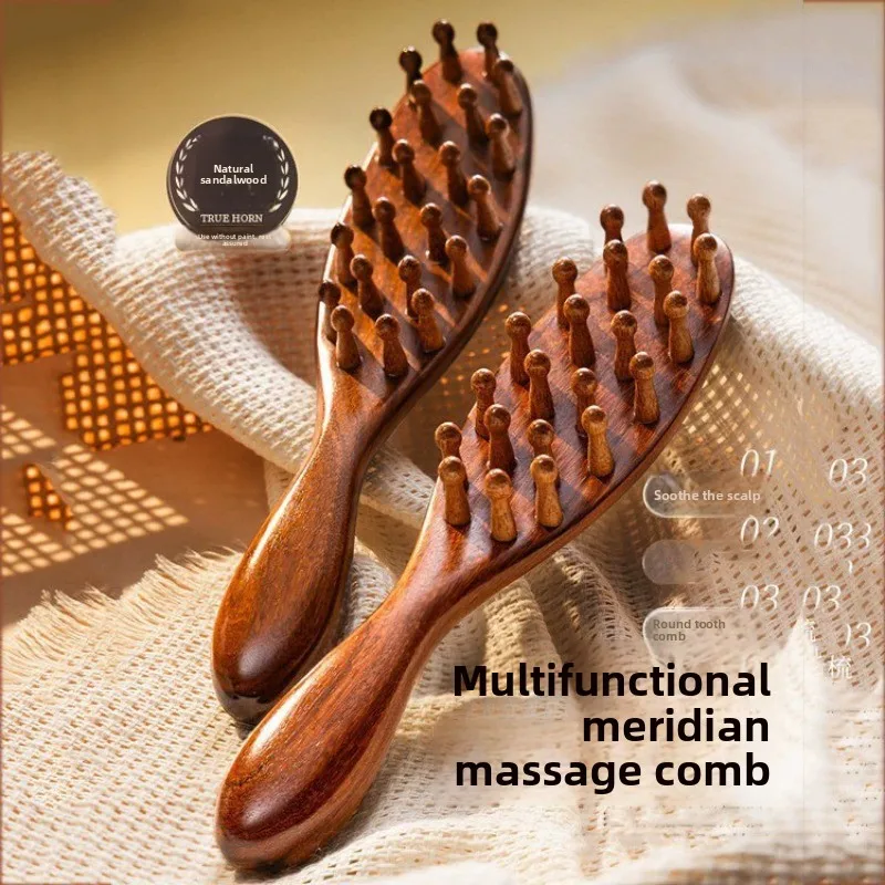 Natural Sandalwood Hair Massager Brush Multi-Functional Guasha Scraping Body Massage Tool Wide Tooth Comb Wood Round Handle Comb