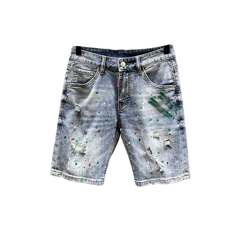 Blauwe shorts voor heren Casual high-end trendy merk Patch Ripped Ink Splashing Denim Shorts Rechte slim-fit middenbroek voor heren