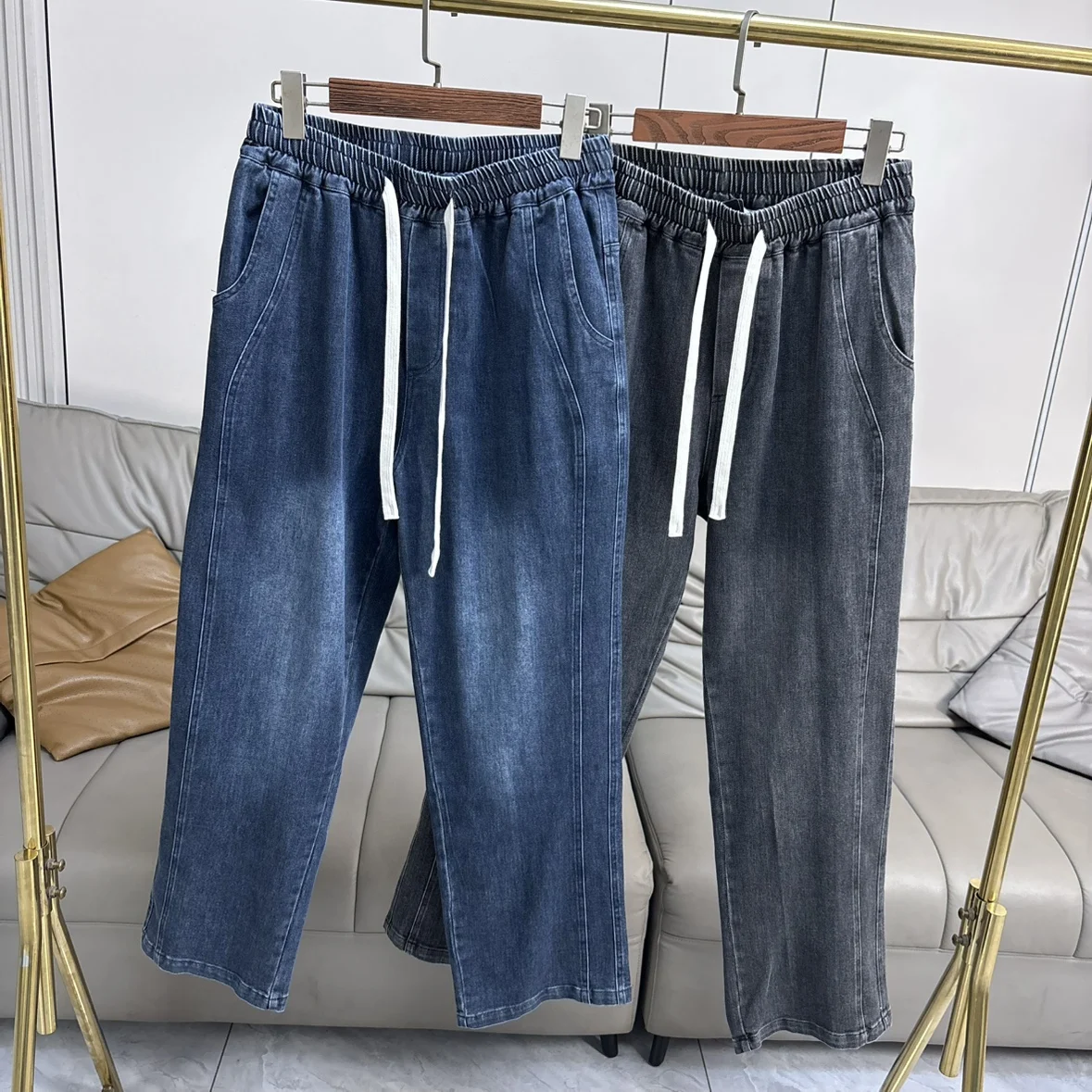 

Retro Waed Cotton Men's Jeans Spring Autumn Loose Elastic Waist Dstring Casual Straight Leg Trendy Wide Leg Pants