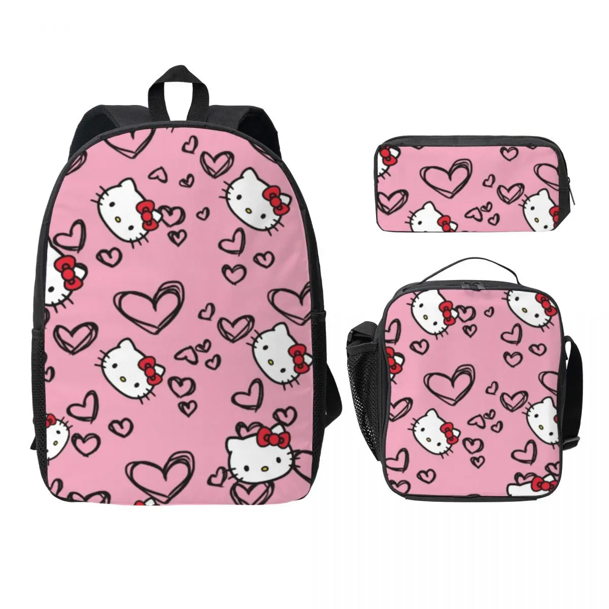 17-Inch Backpack, Lunch Bag, and Pencil Case Set Hello Kitty Durable and Stylish 3-in-1 Combo for School and Travel