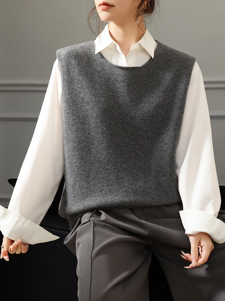 

High-End Pure Wool Knitted Vest Women's round Ne Svel Tank Top Versatile Layering Artistic oulder Pad Jaet