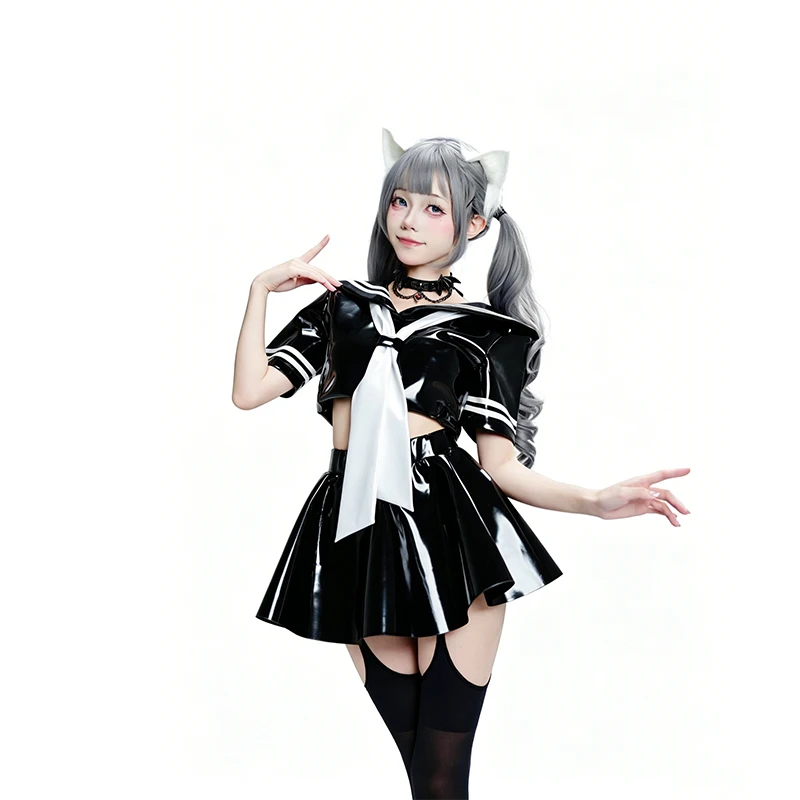 Damen Doppel-PU-Leder Plissiertes Kleid Wet-Look PVC Kurzarm Matrosenkragen Cosplay Dienstmädchen-Uniform A-Linien-Kleid Vestido