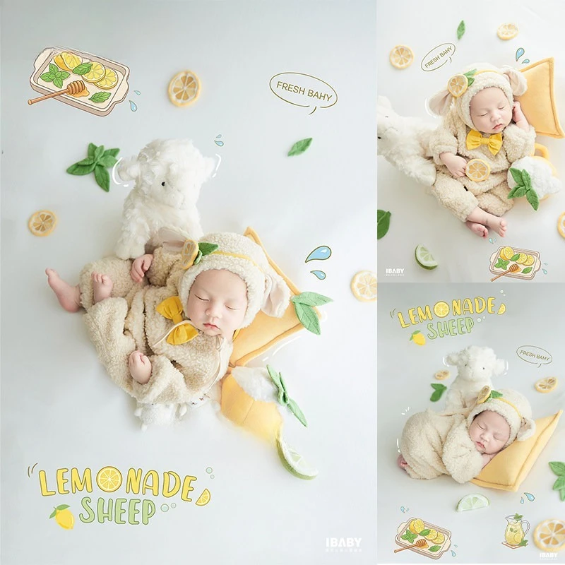 新生児写真撮影用小道具-かわいいレモン羊のテーマ-衣装付き-ポーズ用枕-ランプ人形-レモンデコレーション-スタジオ写真撮影用