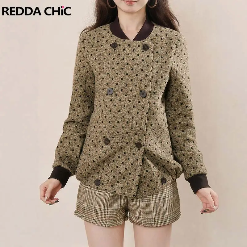 REDDACHiC Flocked Polka Dots Baseball Jacket Women Vintage Rib Loose Fit Crew neck Double Breasted Bomber Jacket School Outwear