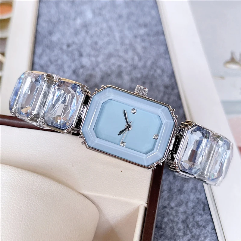 Montres-bracelets rectangulaires pour femmes et filles, bracelet en métal, design de pierres précieuses colorées, horloge en acier, marque de mode, belle, S72 05