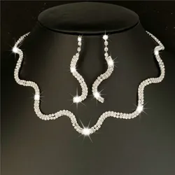 Sexy Wave Bridal Choker Jewelry Set Silver Plated Rhinestone Crystal Necklace Earrings Women Wedding Jewerlry Set