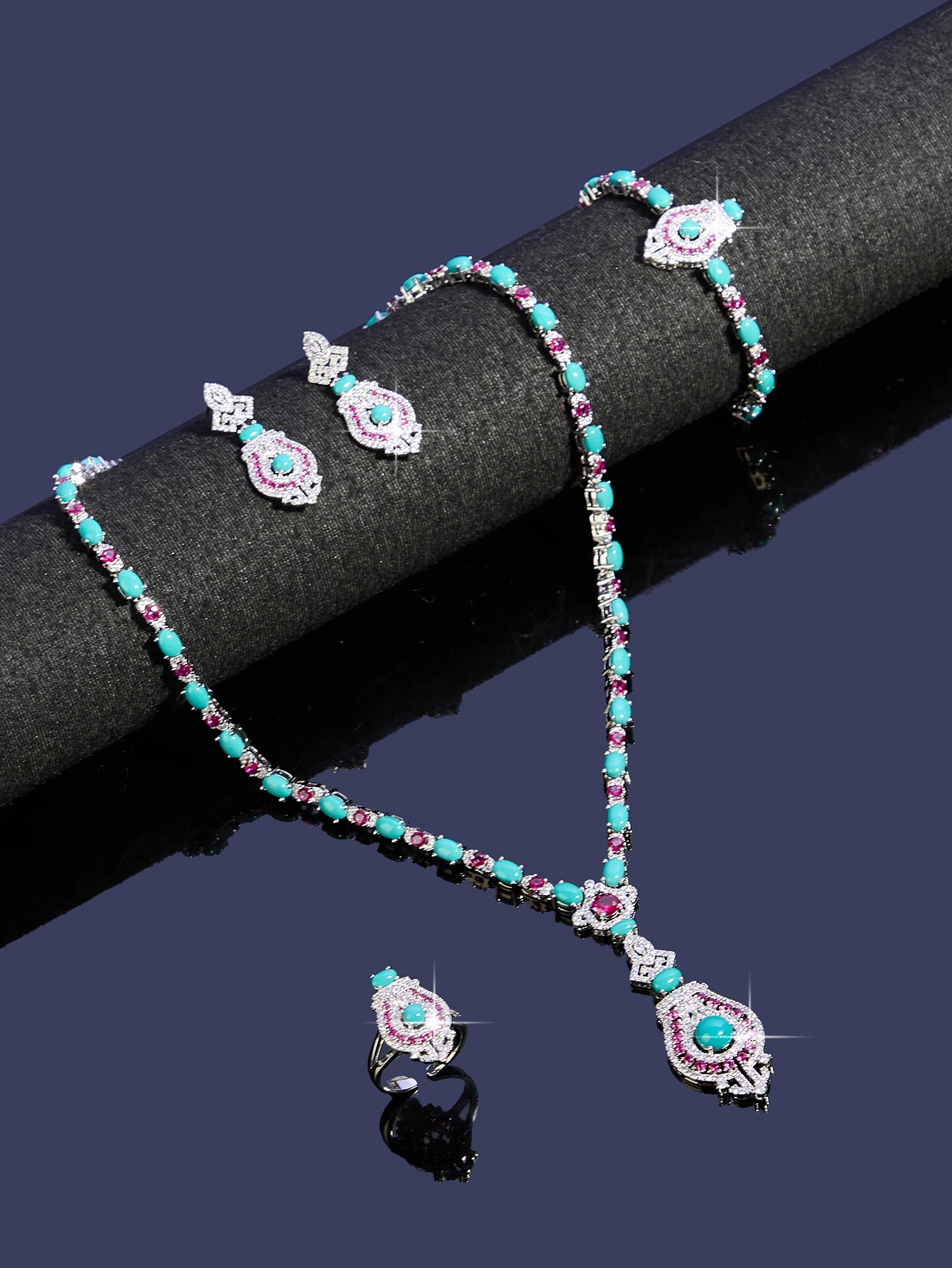 

2025 Hot Sale 4 Pieces/Set Luxury Blue Turquoise Cubic Zirconia Bridal Jewelry Set Nigeria Dubai Jewelry Set Bridal Accessories