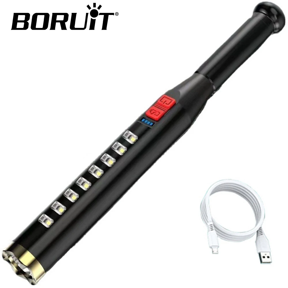 BORUiT Baseball Bat Flashlight LED COB Self Defense High Powerful Rechargeable Torch Waterproof Police Patrol Emergency Handlamp