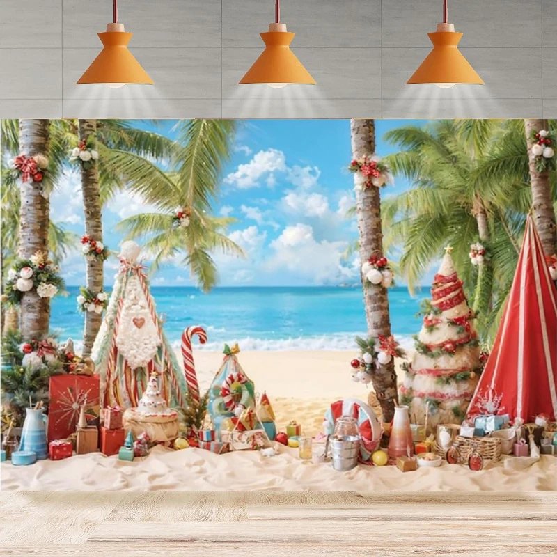 Beach Sand Photography Backdrop Sunshine Day Palm Tent Umbrella Candy Baby Shower Background Home Party Backdrop Wall Banner