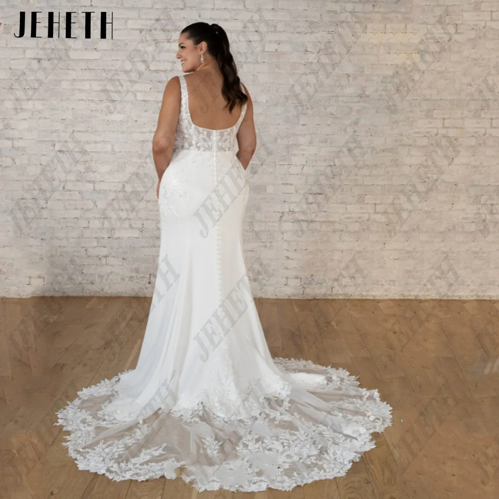 JEHETH Exquisite Wedding Dress Sleeveless Square Collar Sexy Backless Bride Gowns Lace Applique Soft Satin Vestidos de novia