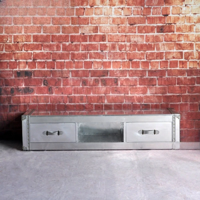

Aluminum leather rivet metal TV cabinet industrial style designer personalized European retro double pumping TV cabinet