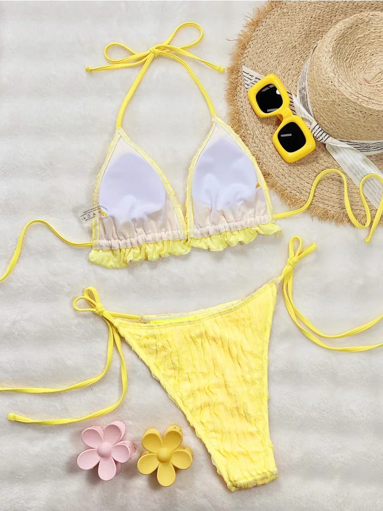 2025 جديد مثير المرأة الأصفر الكشكشة رفع بيكيني مثلث ملابس السباحة الصيف ضمادة التعادل الجانب ثونغ ثوب السباحة ملابس السباحة الصدرية