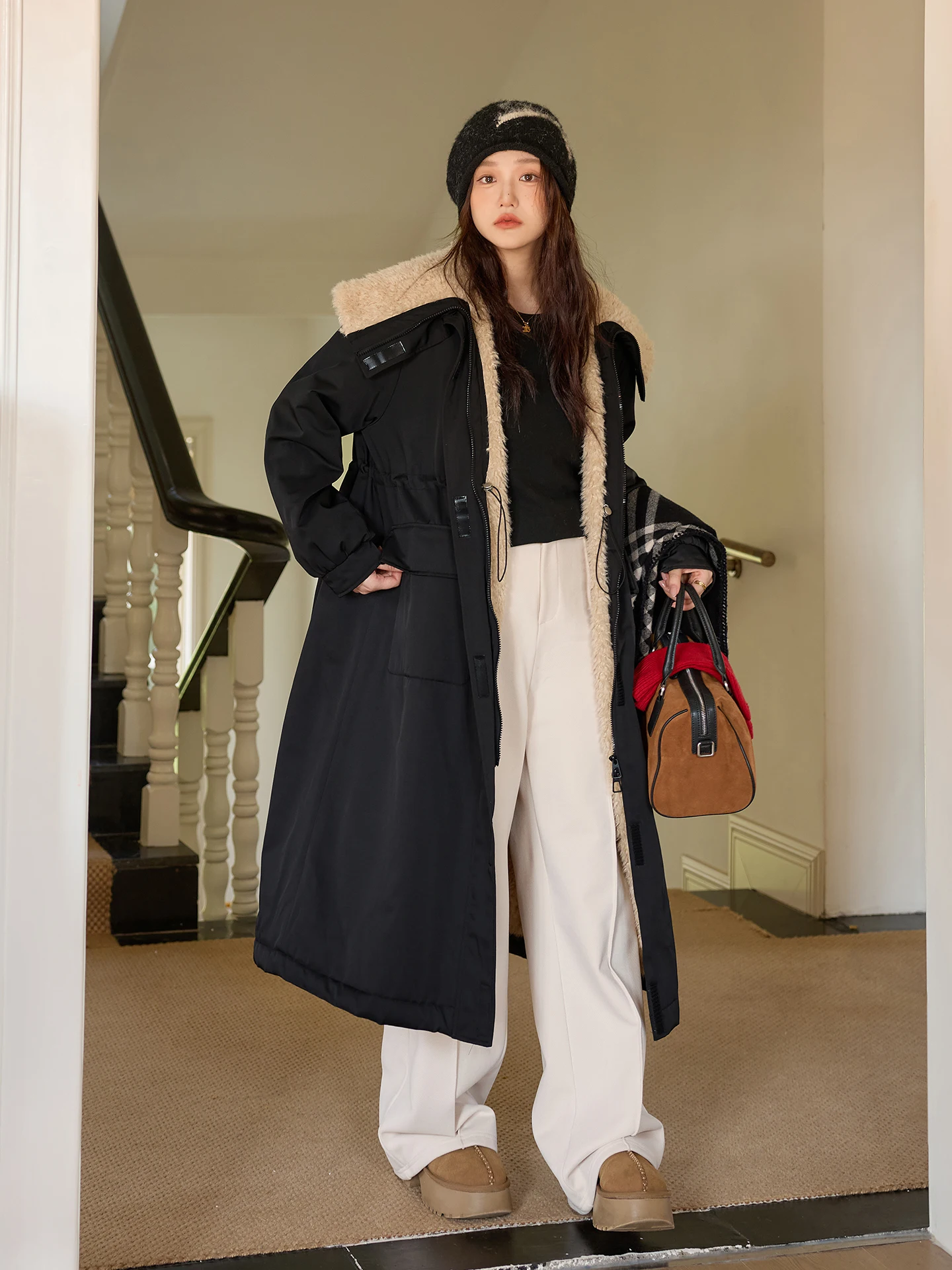 

Warm Bla Lamb Fur Jaet Mid-Length Cotton Workwear Coat for plus Size Women Egg Sister View Winter Thiened Korean Sle