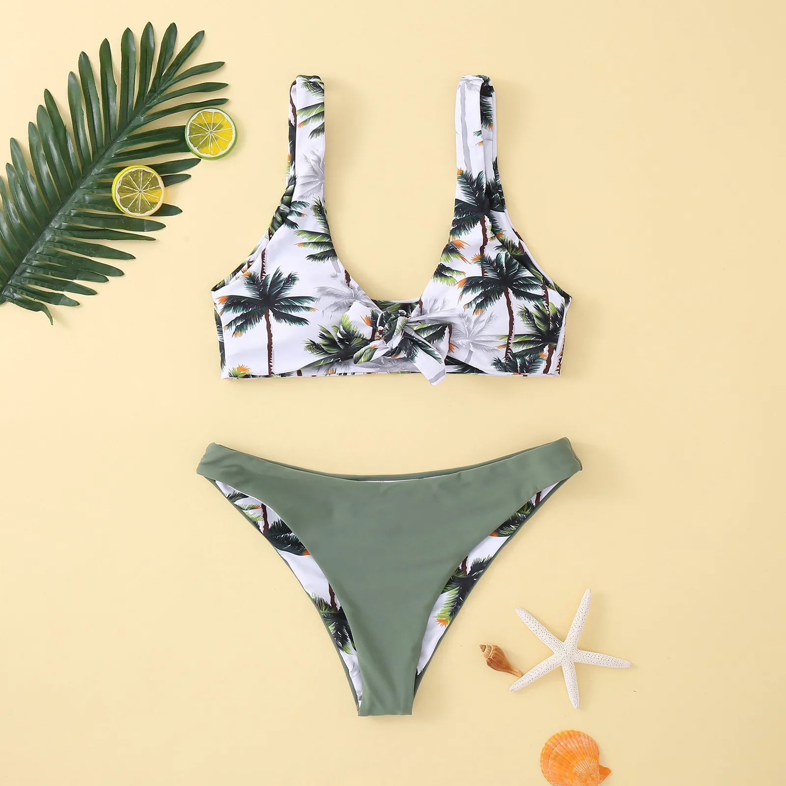 Woman 2026 Bikini Palm Tree Print Front Knot Top High Cut Bottom Bikinis Green Bottom Swimwear Thin Strap Top Two Piece Swimsuit