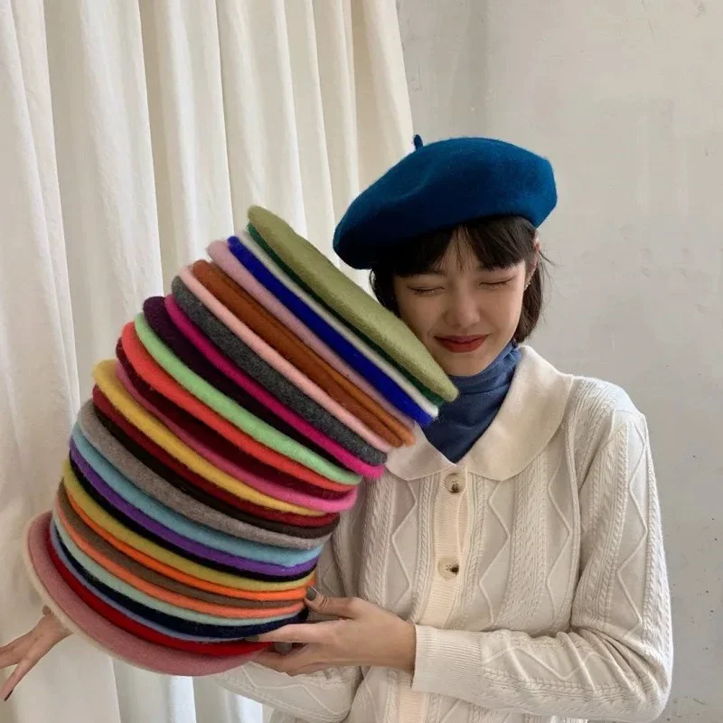 100% Wool Retro Beret Hat Autumn Winter Women British Hepburn Stylish Artist Painter Hats Thick Warm Woolen Pumpkin Beanies Cap