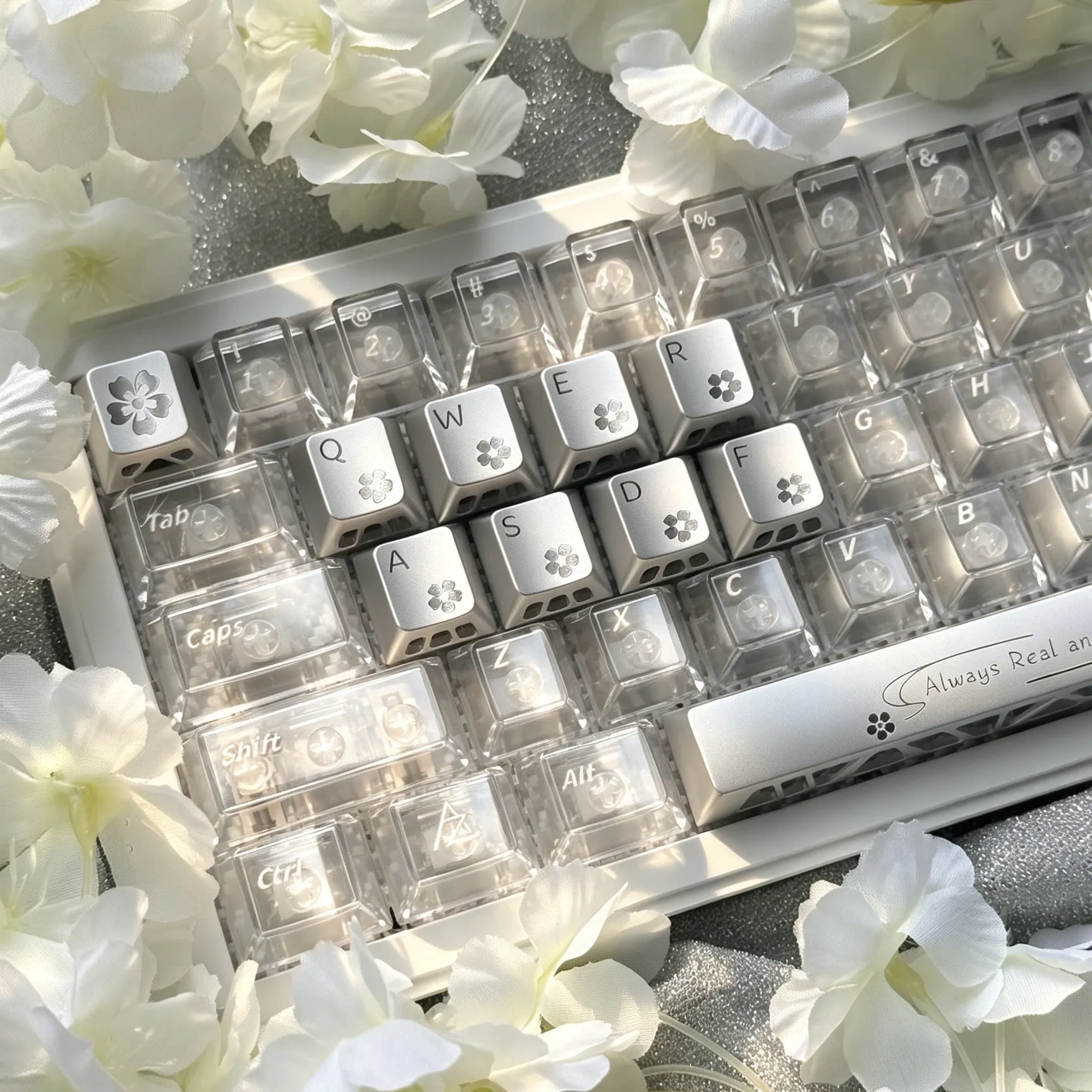 Falling Cherry Blossoms Theme Keycaps Set CNC Cherry Profile Customized Hollowed-out Keycaps for Mechanical Keyboard Accessories