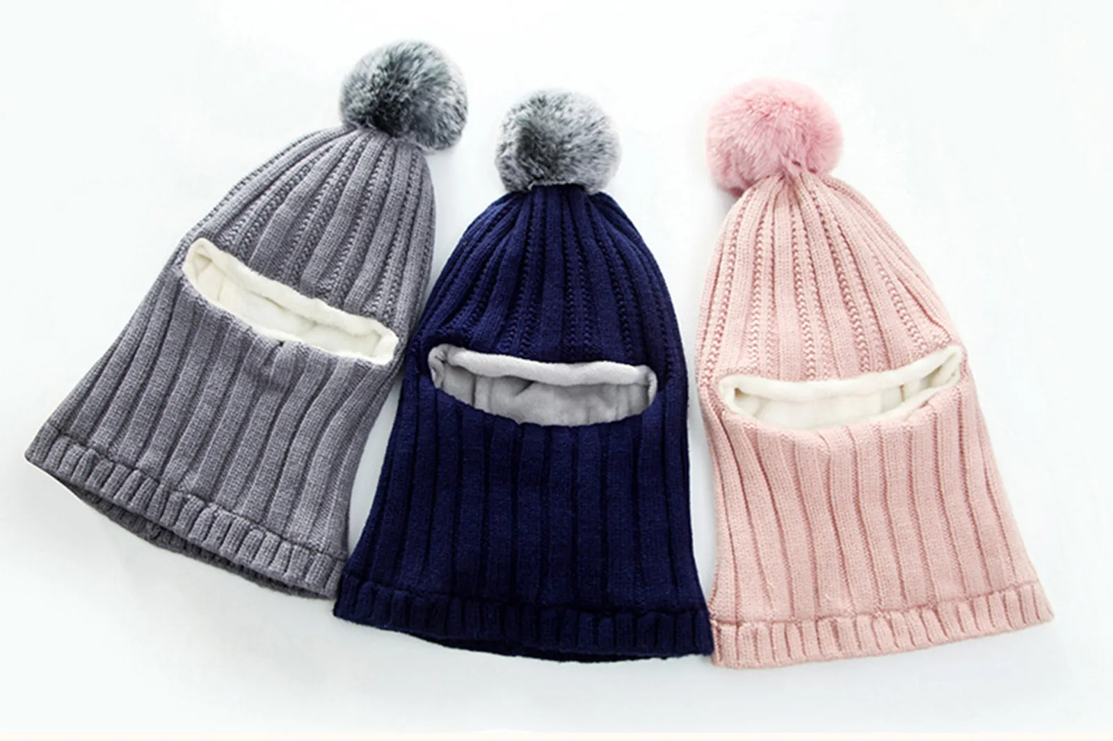 Gorro de pasamontañas cálido de invierno para niños, gorros de punto con pompón para niñas, gorro, bufanda, redecilla con gorros de lana de doble capa para niños