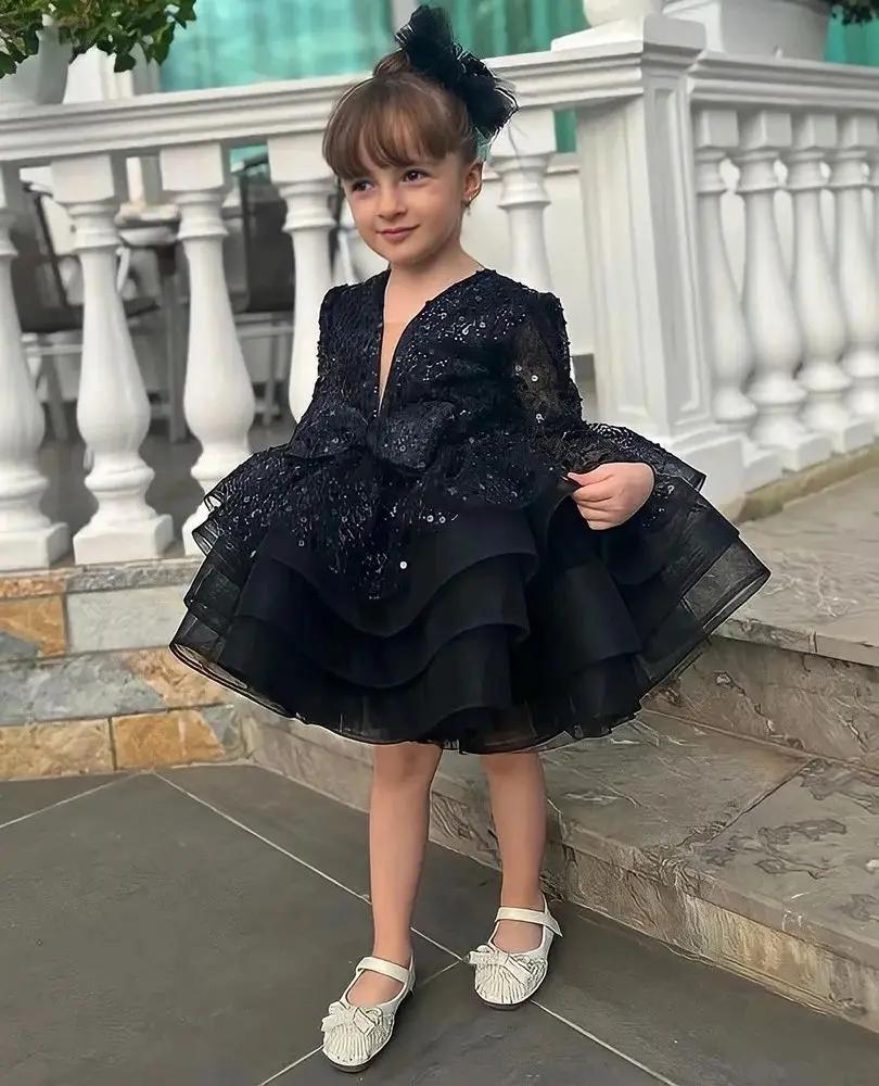 

Luxurious Flower Girl Dress V Neck Puff Girls Party Dresses for Wedding Puff Sleeves Tulle Kids Christmas Ceremonial Dress