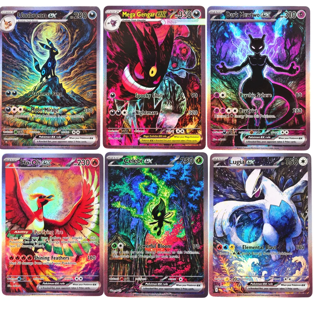 Cartas de Pokémon DIY Dark Mega Gengar EX, Dark Mewtwo EX, Celebi, Lugia, Umbreon, Coleção de Cartas do Jogo TCG
