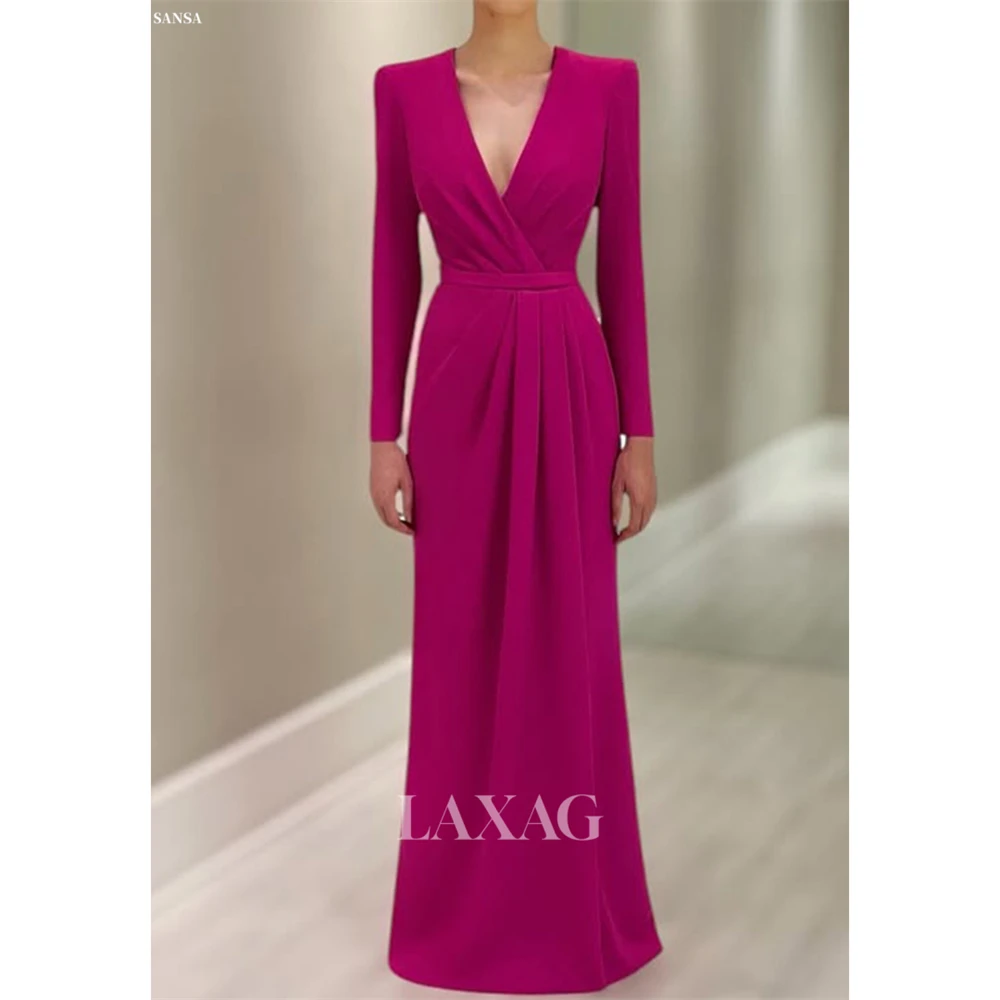 

Sansa Customized Magenta Pleats Simple Mermaid V-Neck Prom Dress Long Sleeve Vestidos De Noche Floor-Length Formal Evening 2025